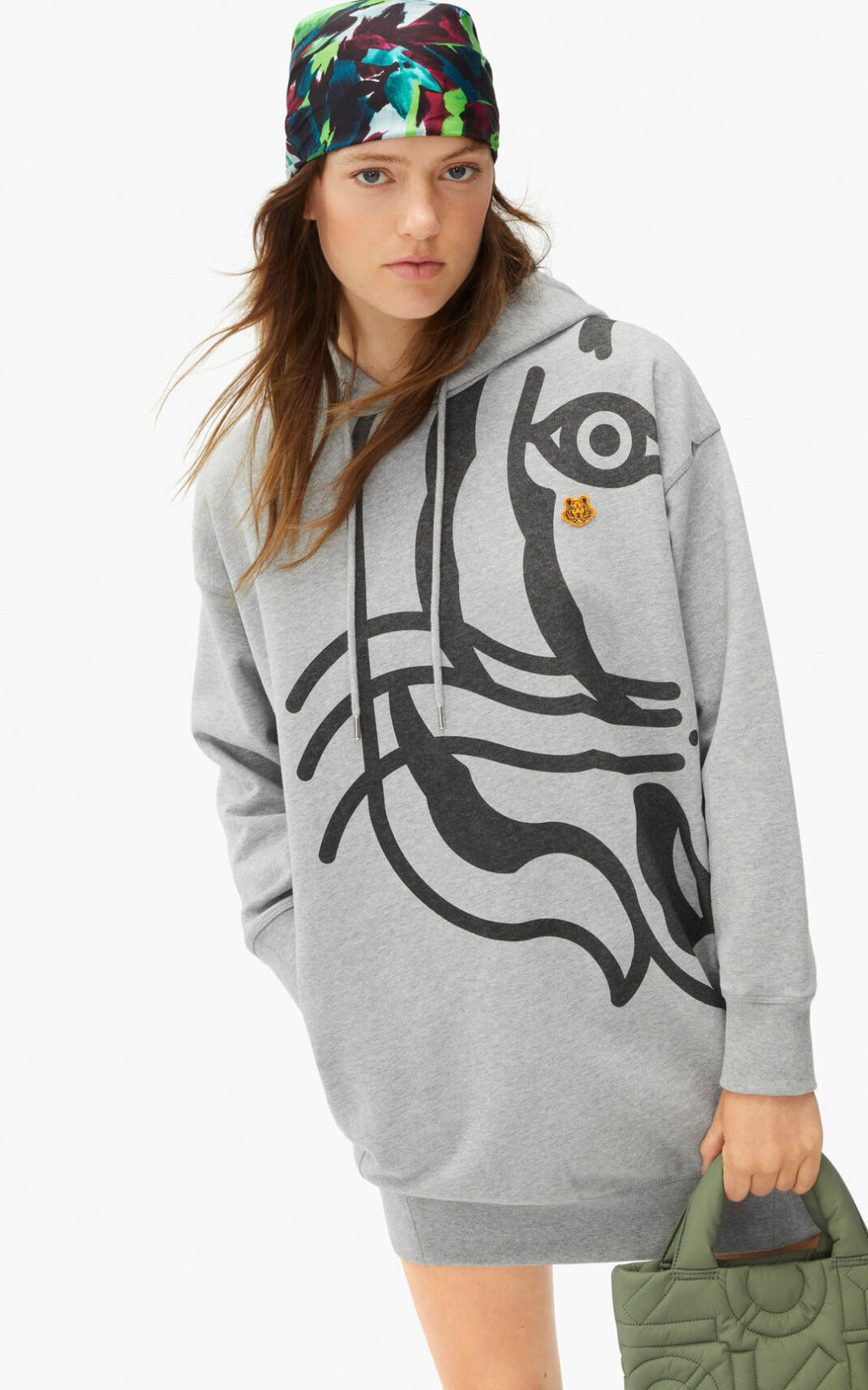 Kenzo K Tiger hooded sweater Elbise Bayan Gri | 3756-ISLHC